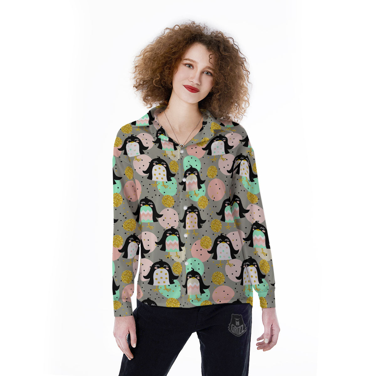 Penguin Pink Polka Print Pattern Women's Long Sleeve Shirts-grizzshop
