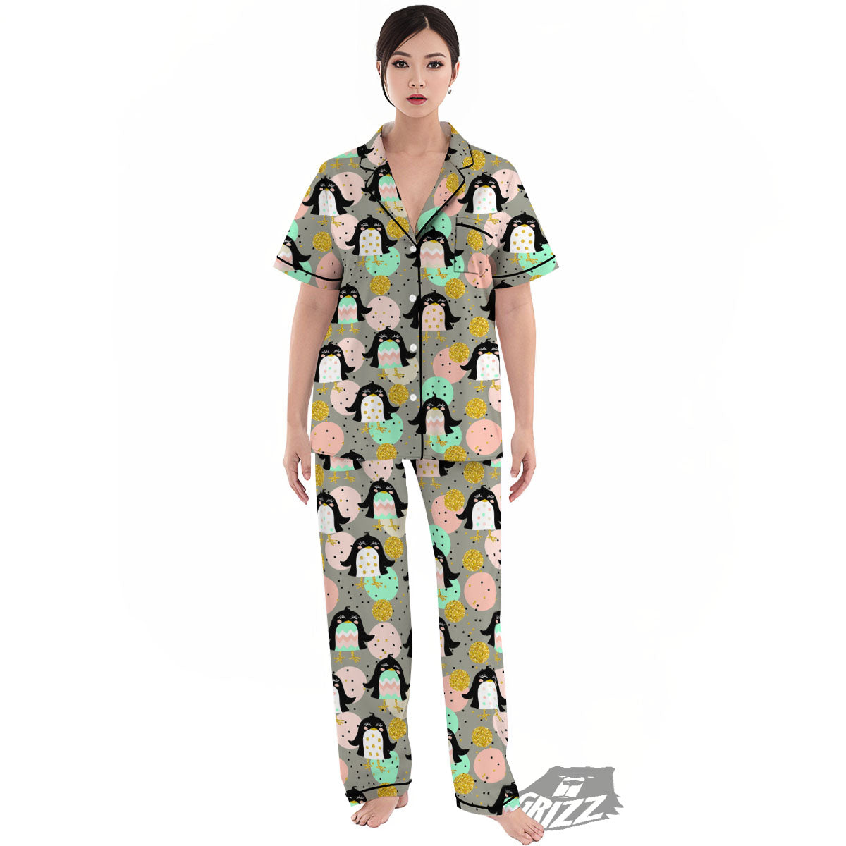 Penguin Pink Polka Print Pattern Women's Pajamas Set-grizzshop