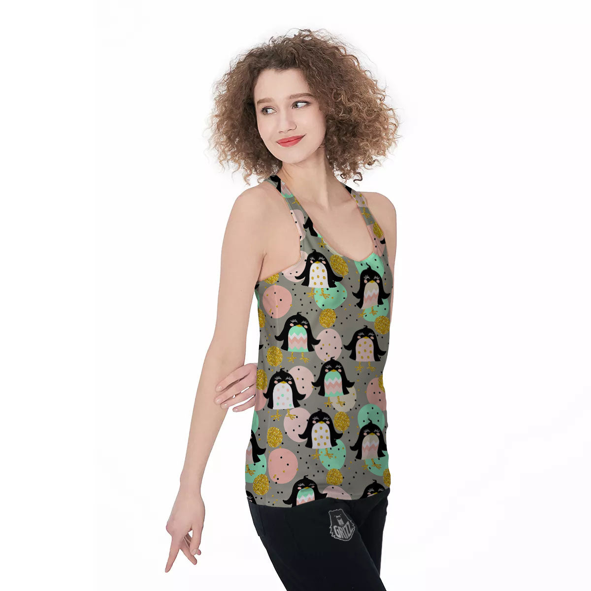 Penguin Pink Polka Print Pattern Women's Racerback Tank Top-grizzshop