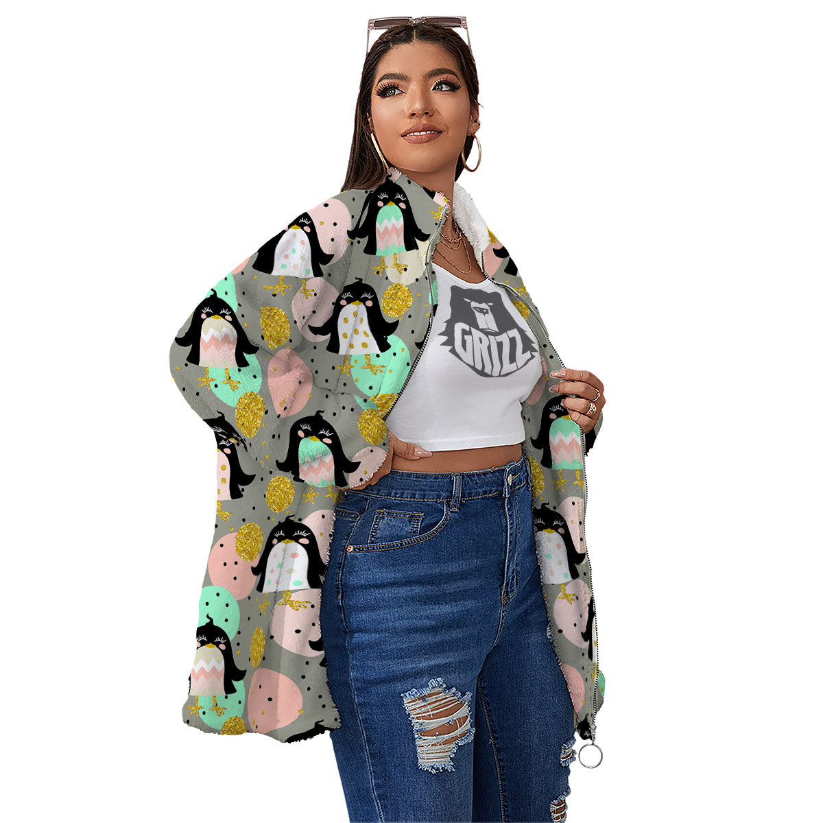 Penguin Pink Polka Print Pattern Women's Sherpa Jacket-grizzshop