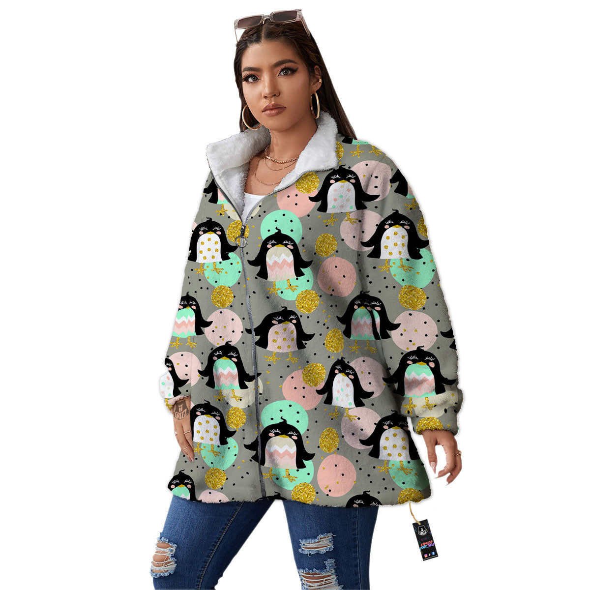 Penguin Pink Polka Print Pattern Women's Sherpa Jacket-grizzshop