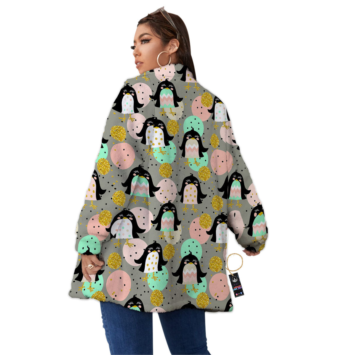 Penguin Pink Polka Print Pattern Women's Sherpa Jacket-grizzshop