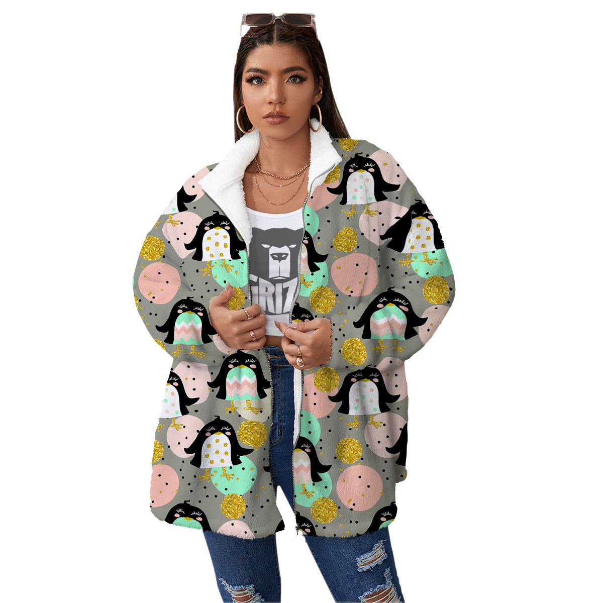Penguin Pink Polka Print Pattern Women's Sherpa Jacket-grizzshop