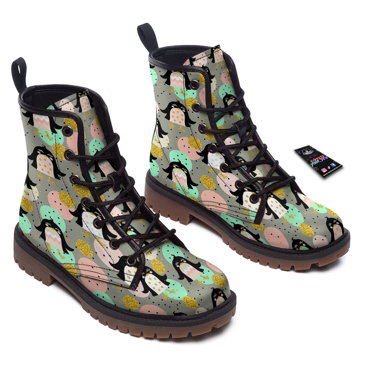 Penguin Pink Polka Print Pattern Work Boots-grizzshop