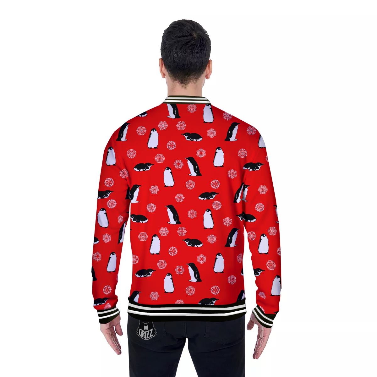 Penguin Red Snow Print Pattern Baseball Jacket-grizzshop
