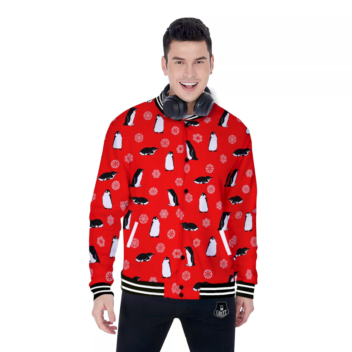 Penguin Red Snow Print Pattern Baseball Jacket-grizzshop