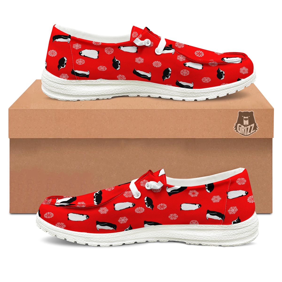Penguin Red Snow Print Pattern Black Loafers-grizzshop