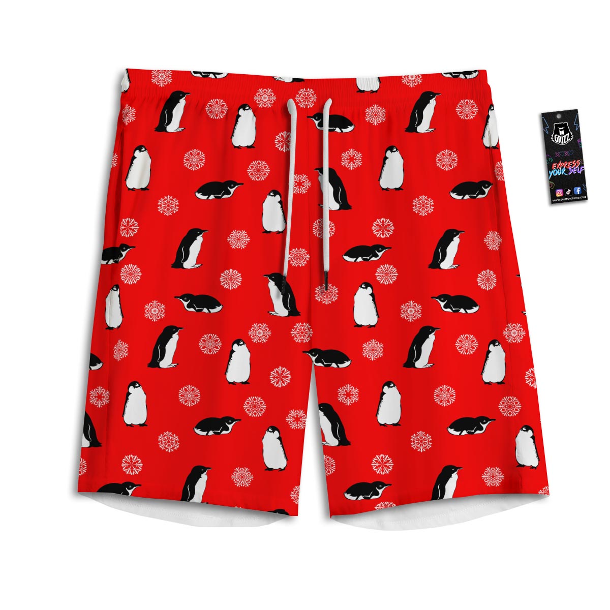 Penguin Red Snow Print Pattern Men's Athletic Shorts