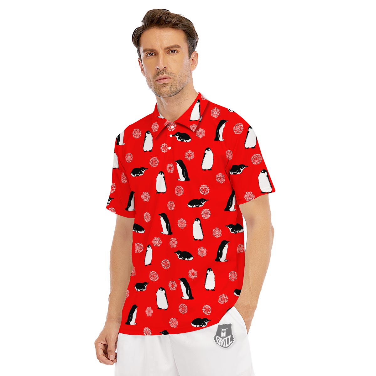 Penguin Red Snow Print Pattern Men's Golf Shirts-grizzshop