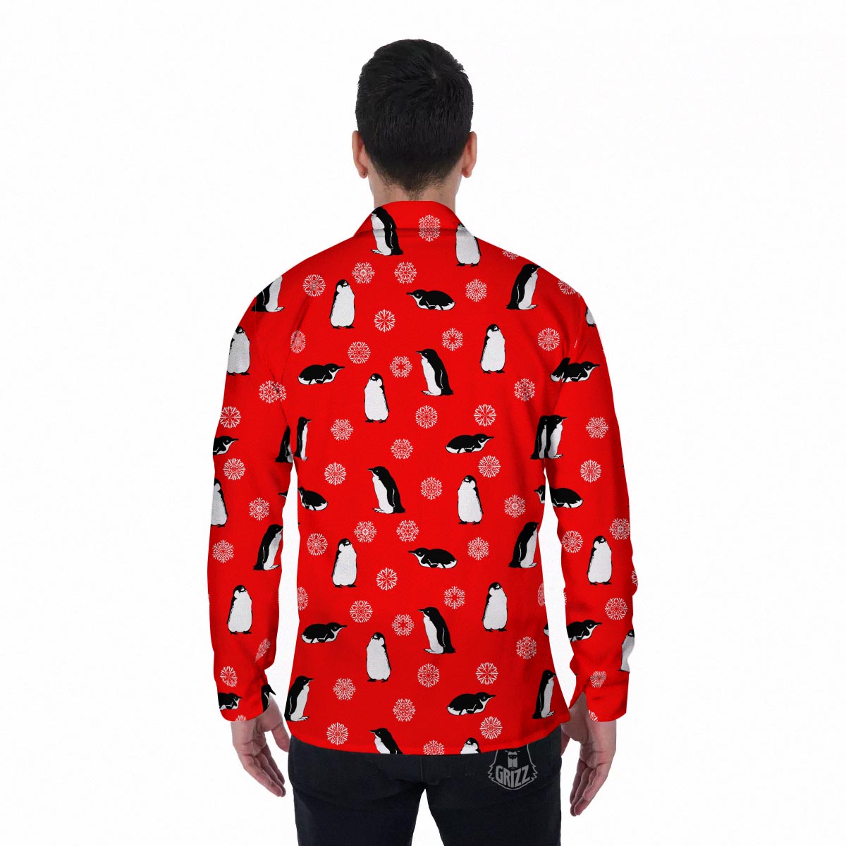 Penguin Red Snow Print Pattern Men's Long Sleeve Shirts-grizzshop