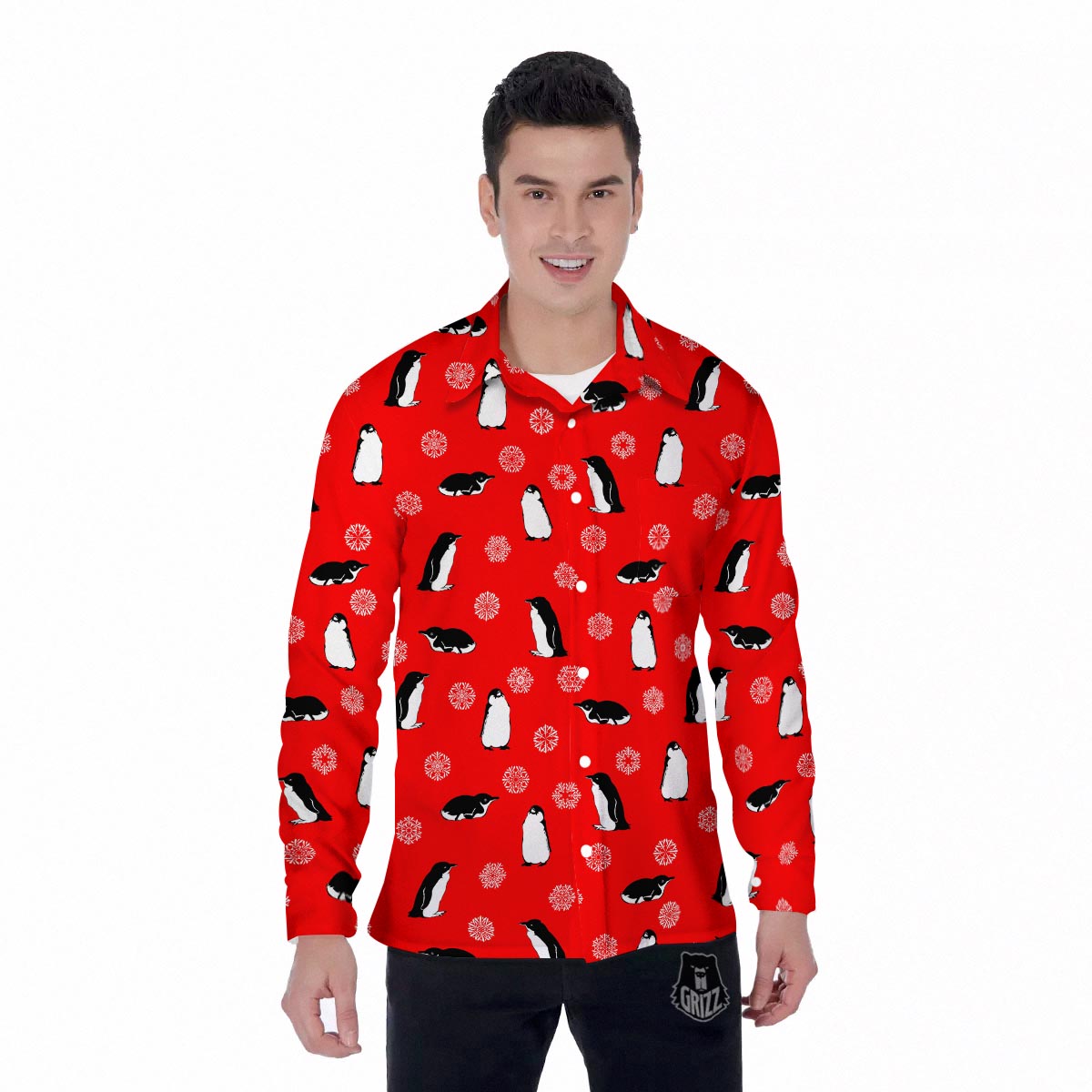 Penguin Red Snow Print Pattern Men's Long Sleeve Shirts-grizzshop