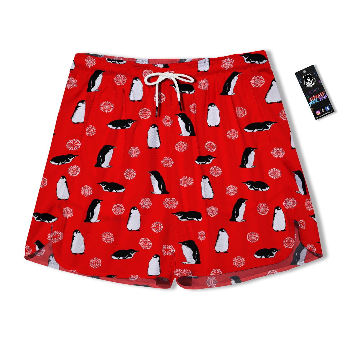 Penguin Red Snow Print Pattern Men's Running Shorts-grizzshop