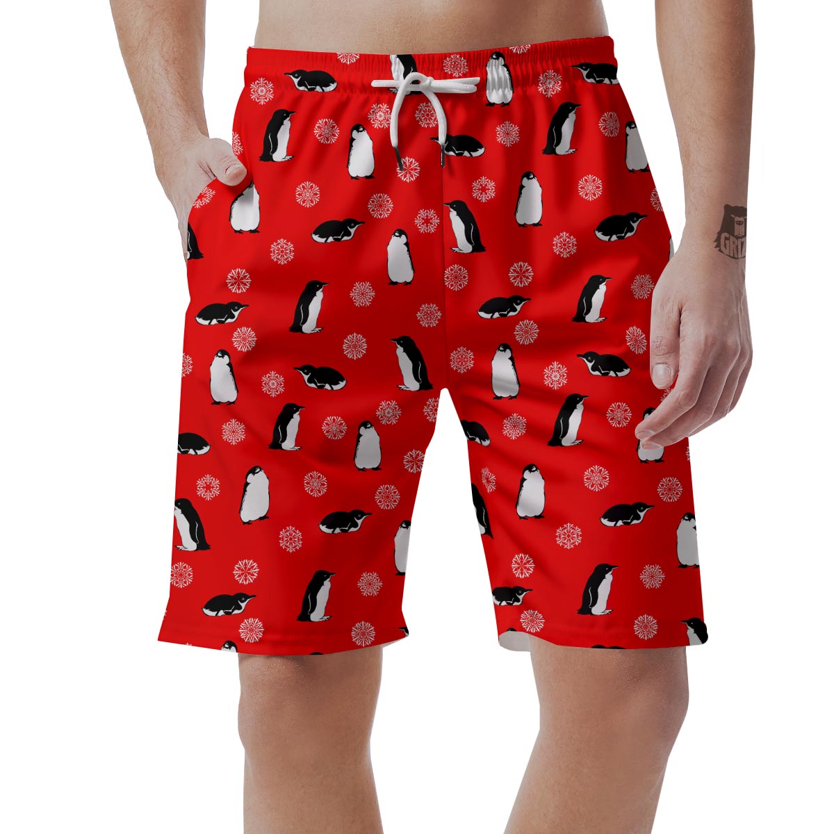 Penguin Red Snow Print Pattern Men's Shorts-grizzshop