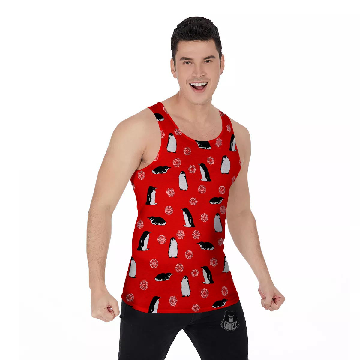 Penguin Red Snow Print Pattern Men's Tank Top-grizzshop