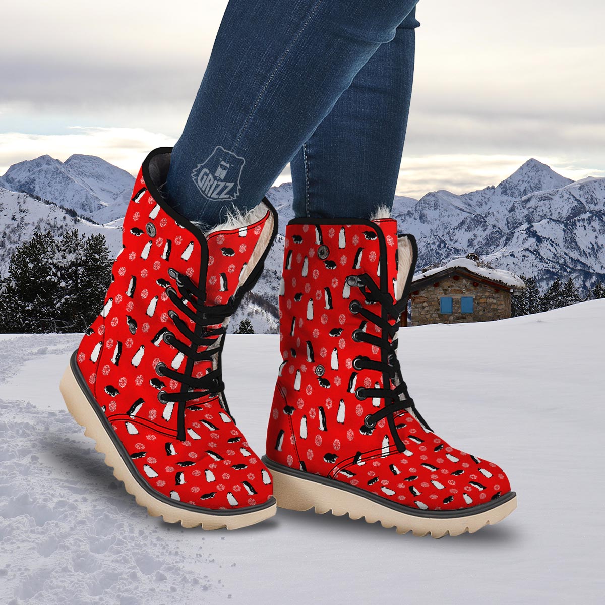 Penguin Red Snow Print Pattern Snow Boots-grizzshop