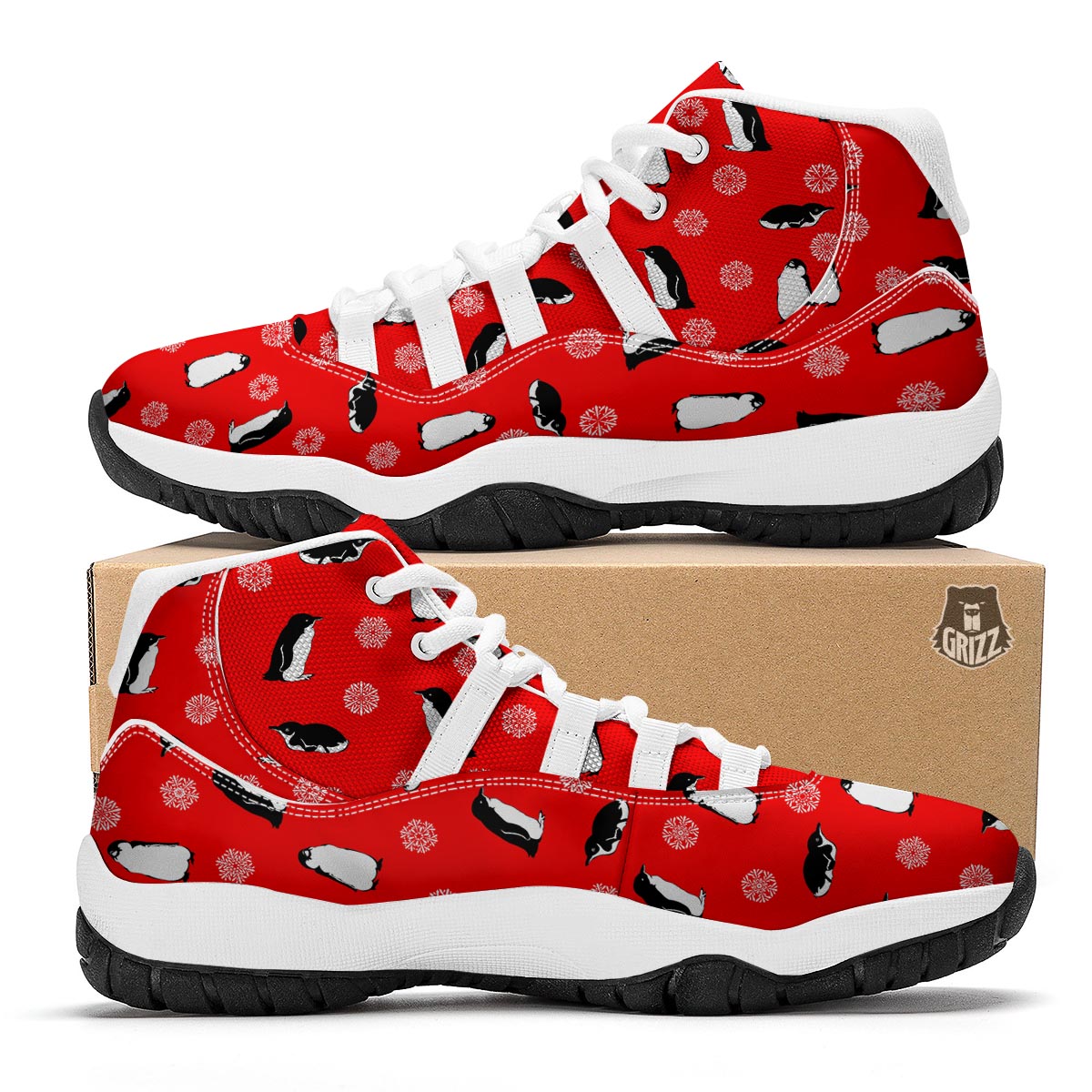 Penguin Red Snow Print Pattern White Bball Shoes-grizzshop
