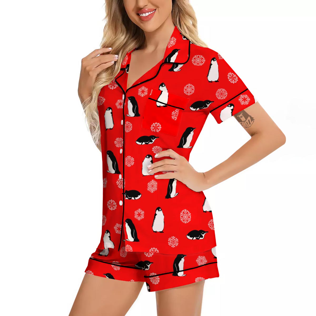Penguin Red Snow Print Pattern Women Silk Pajamas-grizzshop