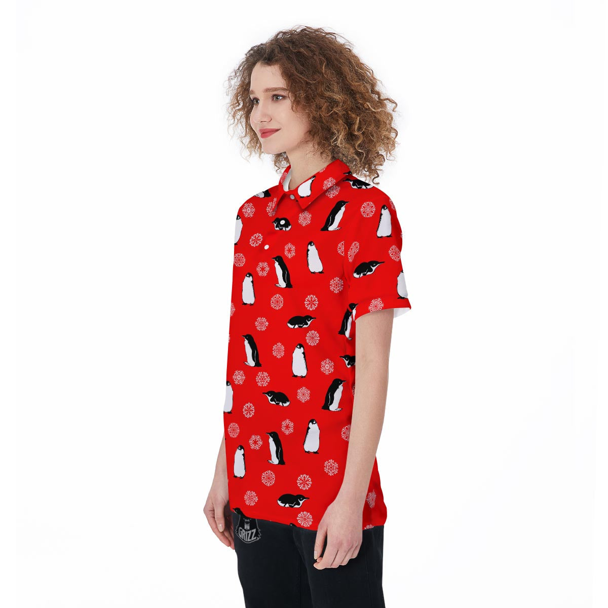 Penguin Red Snow Print Pattern Women's Golf Shirts-grizzshop