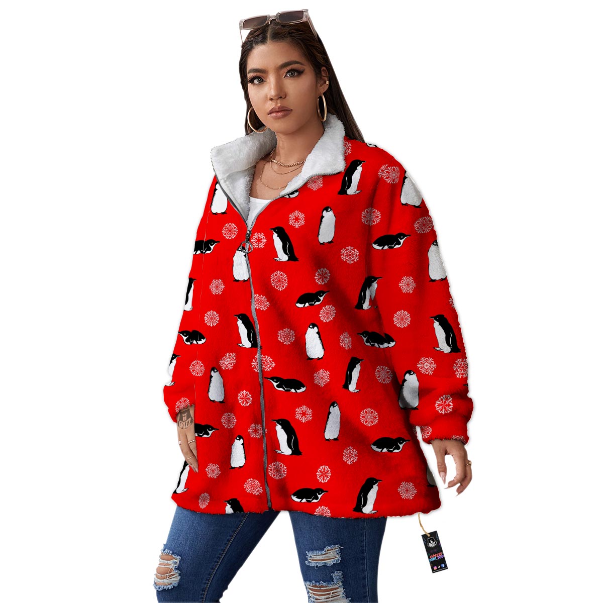 Penguin Red Snow Print Pattern Women's Sherpa Jacket-grizzshop