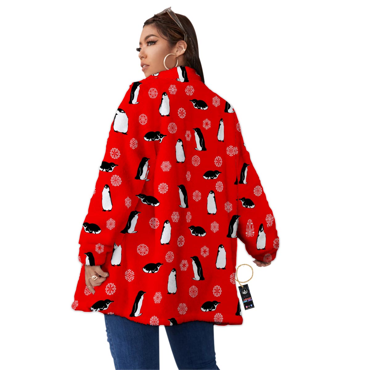 Penguin Red Snow Print Pattern Women's Sherpa Jacket-grizzshop