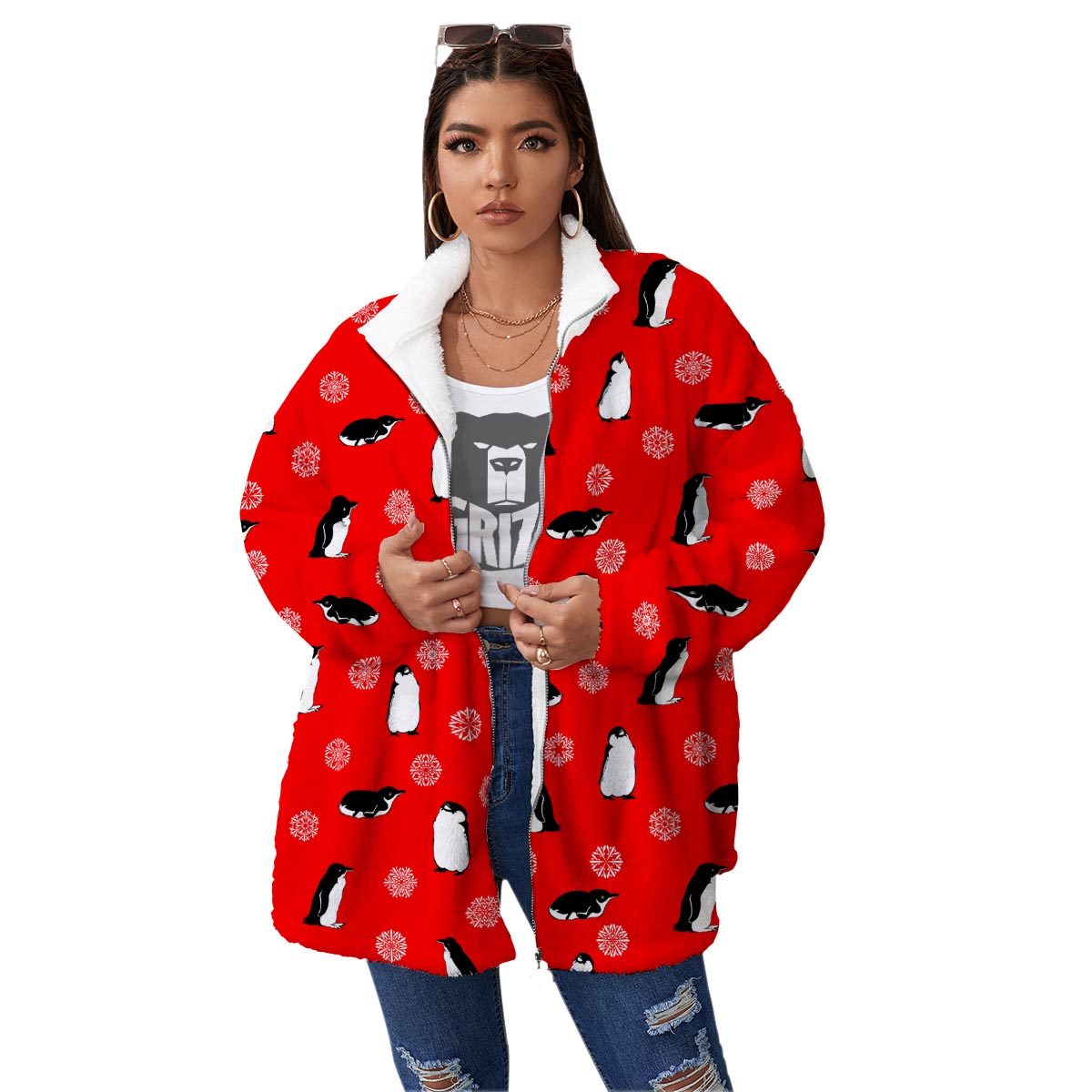 Penguin Red Snow Print Pattern Women's Sherpa Jacket-grizzshop
