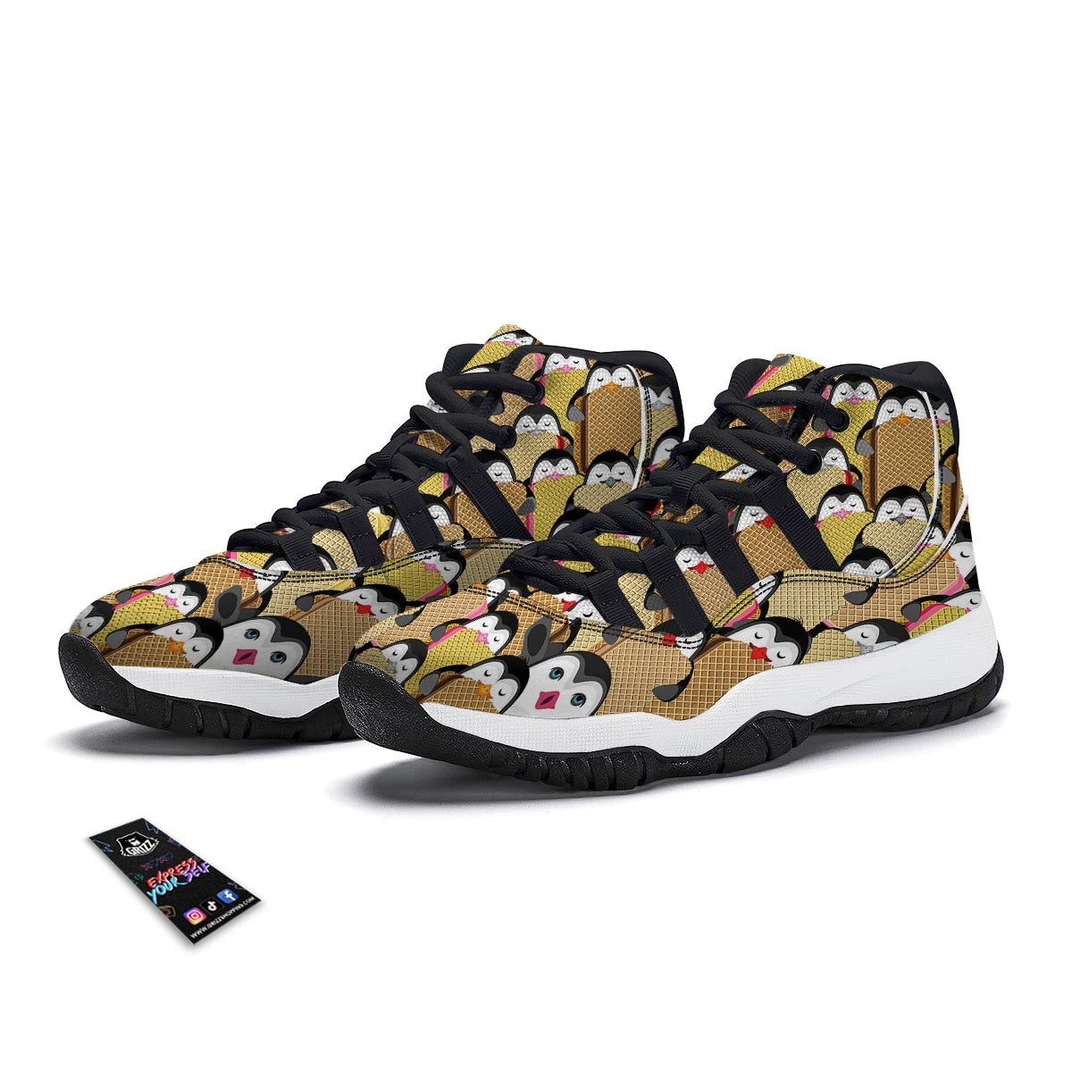 Penguin Waffle Pattern Print Black Bball Shoes-grizzshop