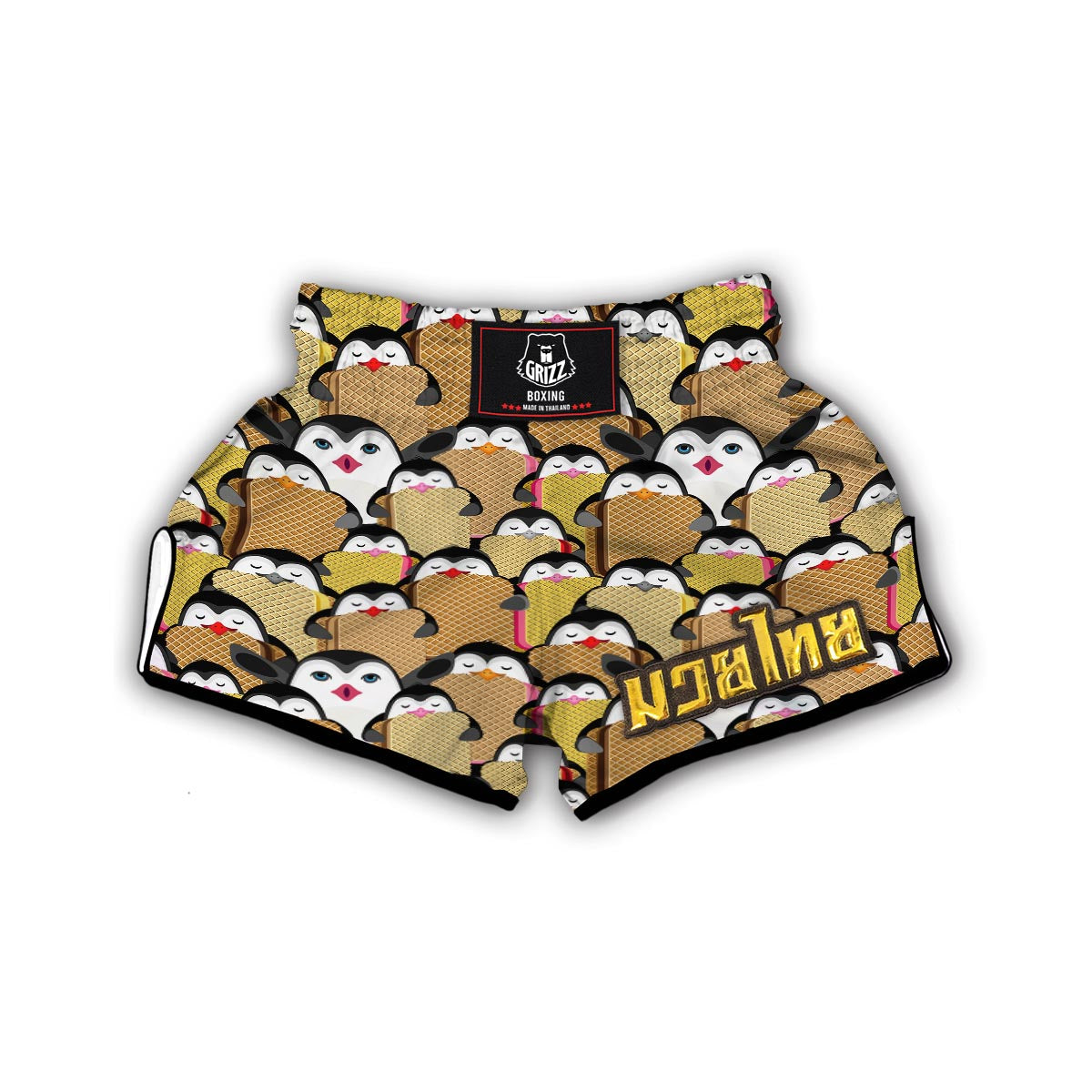 Penguin Waffle Pattern Print Muay Thai Boxing Shorts-grizzshop