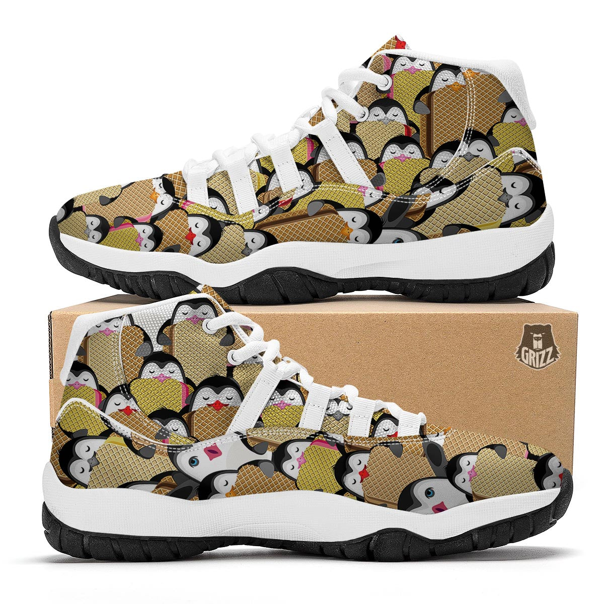 Penguin Waffle Pattern Print White Bball Shoes-grizzshop