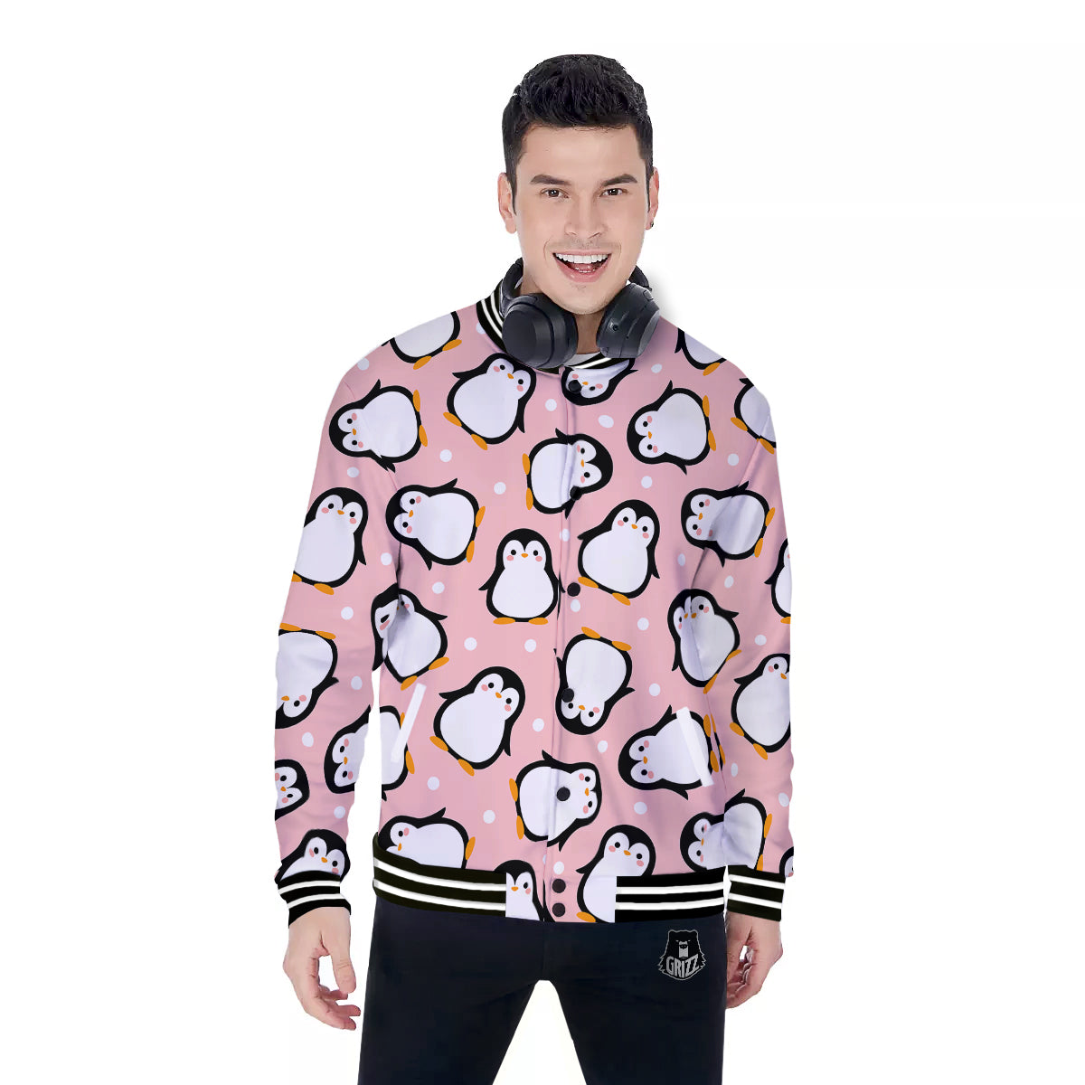 Penguin Xmas Print Pattern Baseball Jacket-grizzshop