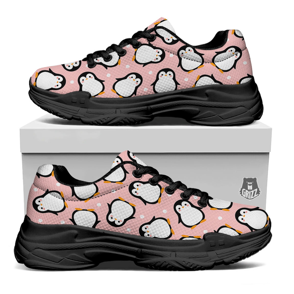 Penguin Xmas Print Pattern Black Chunky Shoes-grizzshop