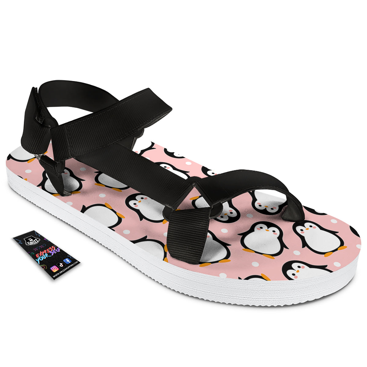 Penguin Xmas Print Pattern Black Open Toe Sandals-grizzshop