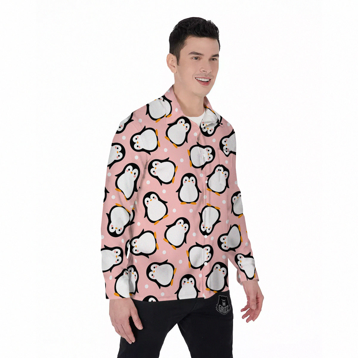 Penguin Xmas Print Pattern Men's Long Sleeve Shirts-grizzshop
