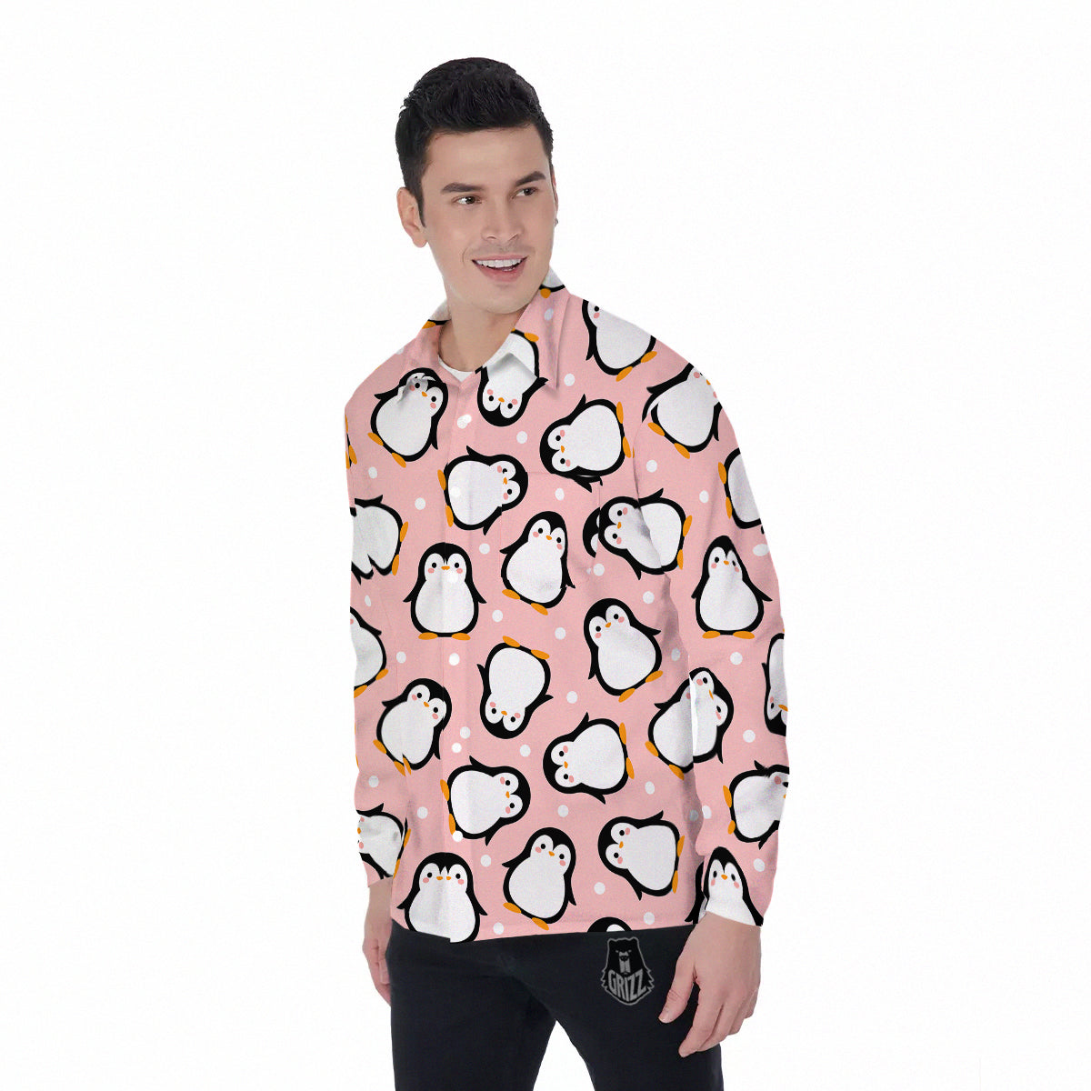 Penguin Xmas Print Pattern Men's Long Sleeve Shirts-grizzshop