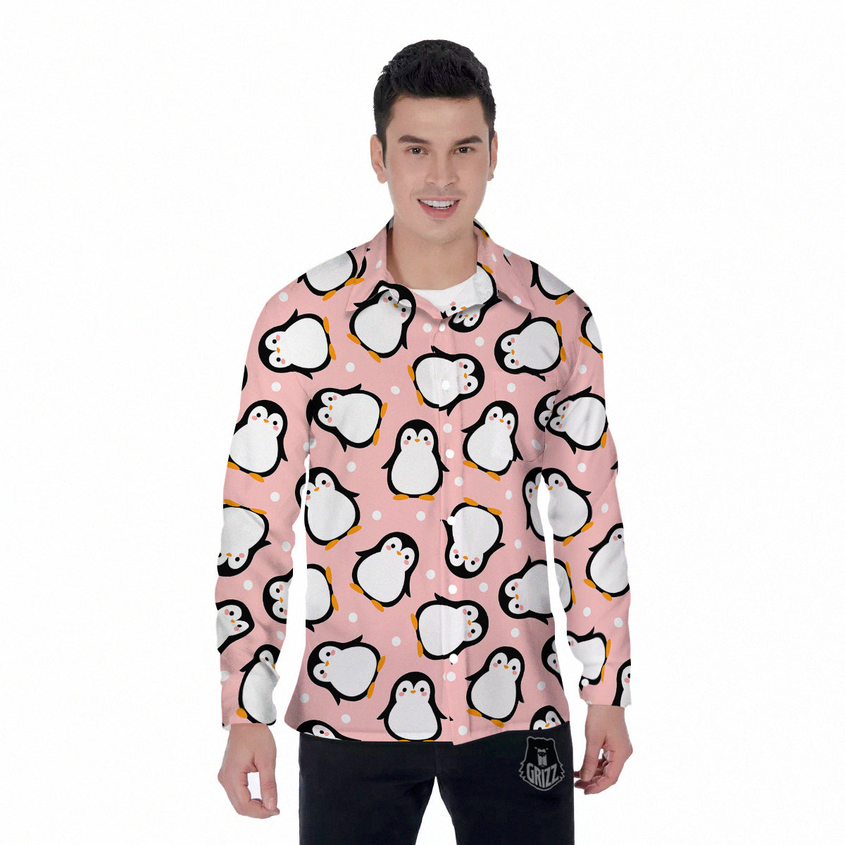 Penguin Xmas Print Pattern Men's Long Sleeve Shirts-grizzshop