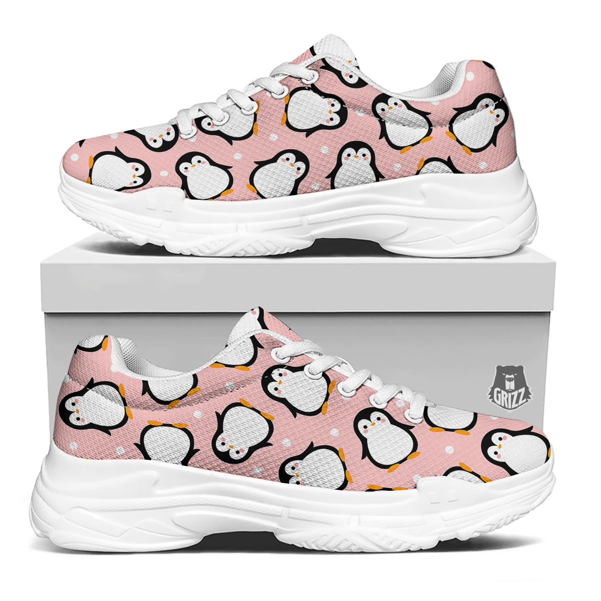 Penguin Xmas Print Pattern White Chunky Shoes-grizzshop