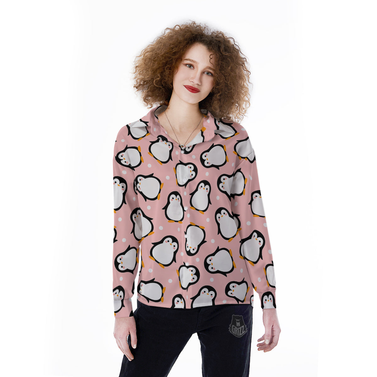 Penguin Xmas Print Pattern Women's Long Sleeve Shirts-grizzshop