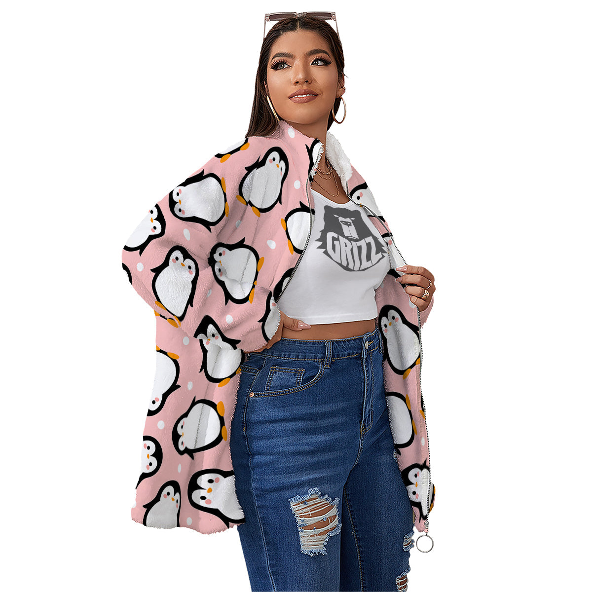 Penguin Xmas Print Pattern Women's Sherpa Jacket-grizzshop