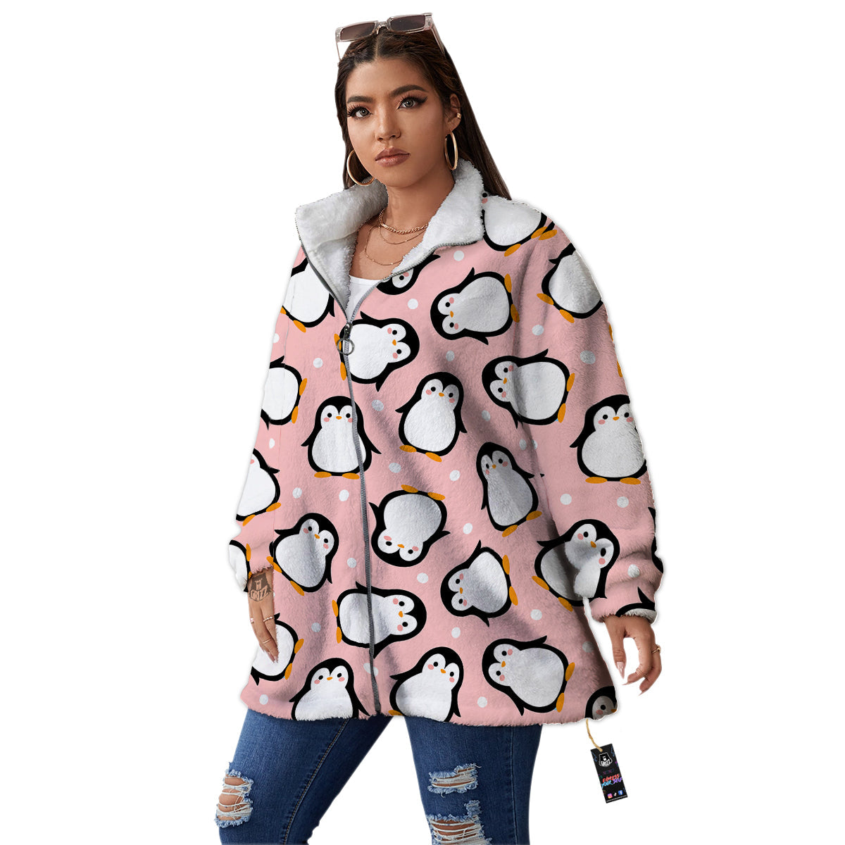 Penguin Xmas Print Pattern Women's Sherpa Jacket-grizzshop
