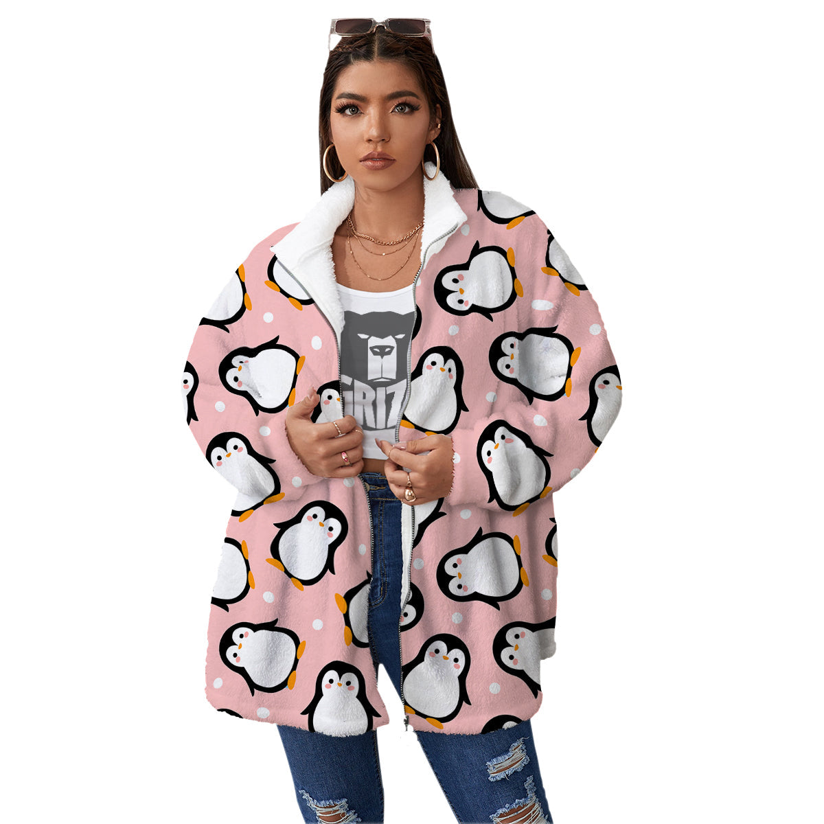 Penguin Xmas Print Pattern Women's Sherpa Jacket-grizzshop