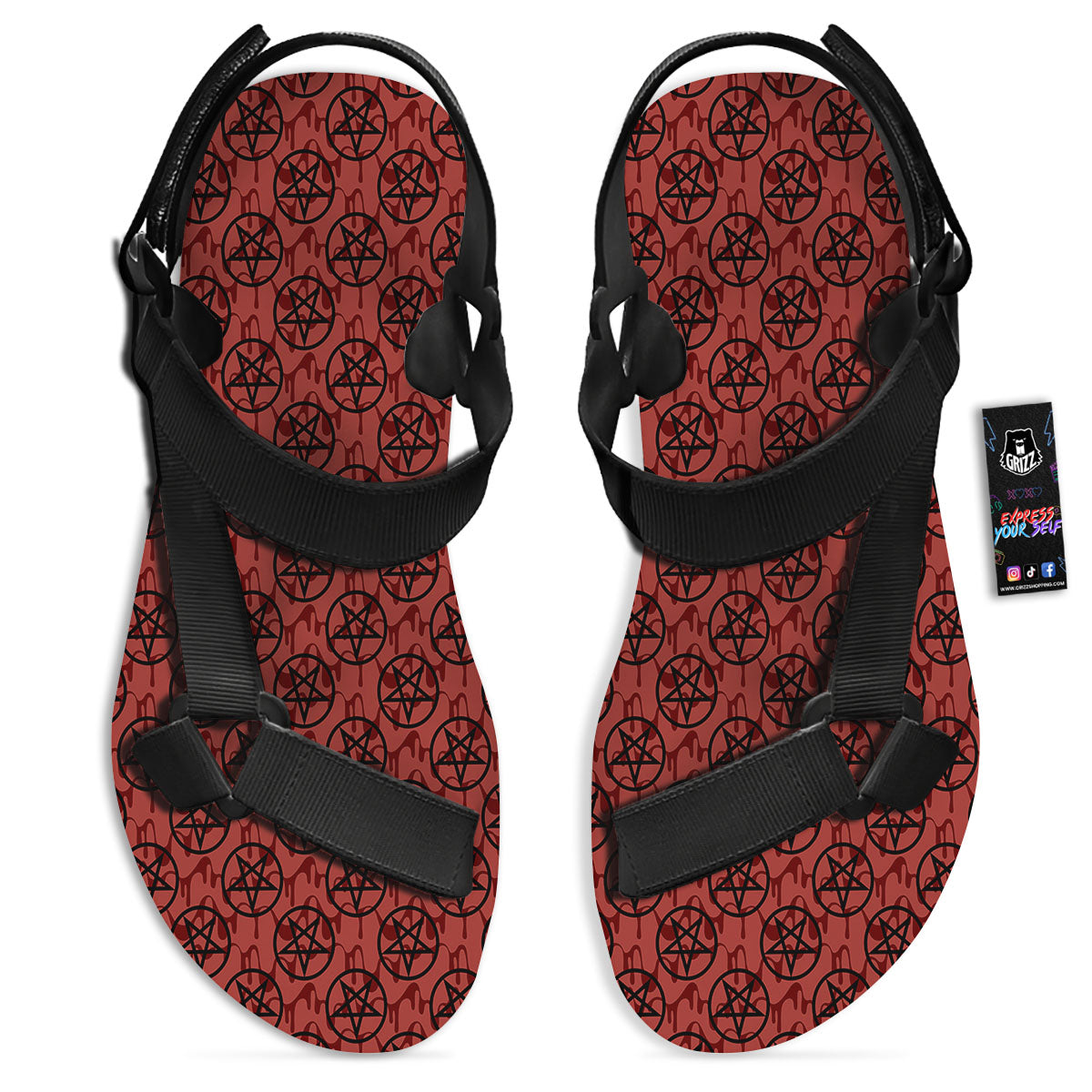 Pentagram Bloody Satanic Print Pattern Black Open Toe Sandals-grizzshop