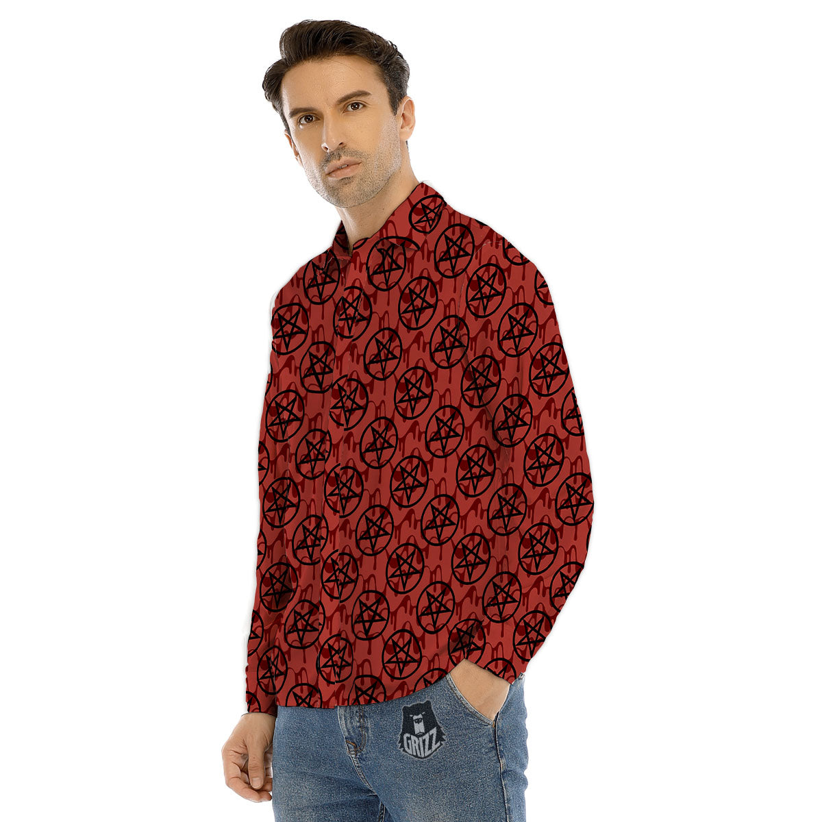 Pentagram Bloody Satanic Print Pattern Men's Dress Shirts-grizzshop