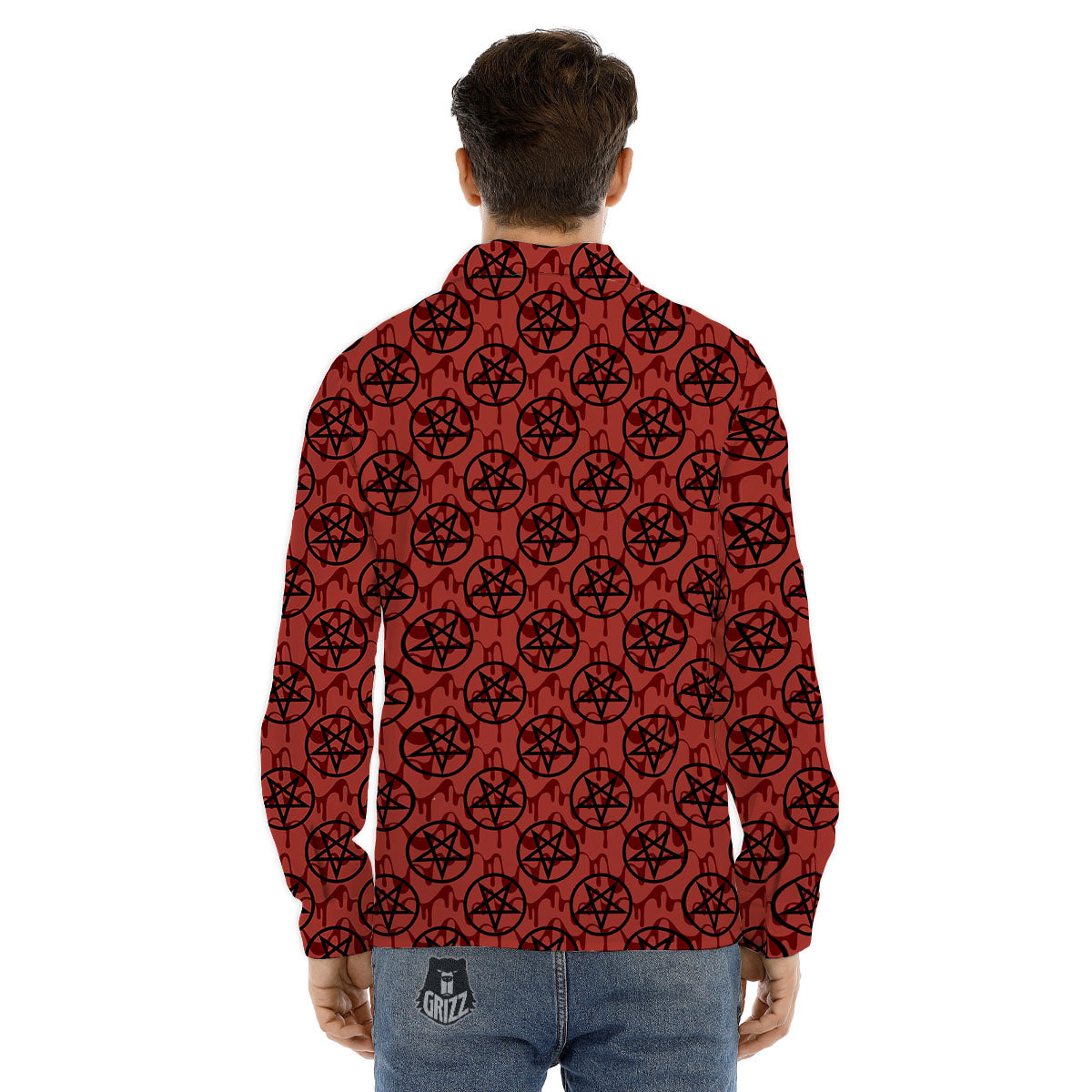Pentagram Bloody Satanic Print Pattern Men's Dress Shirts-grizzshop