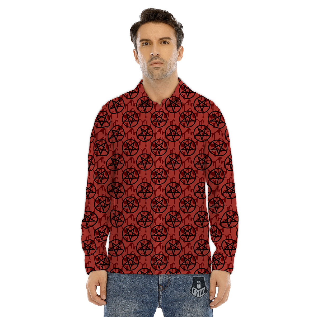 Pentagram Bloody Satanic Print Pattern Men's Dress Shirts-grizzshop