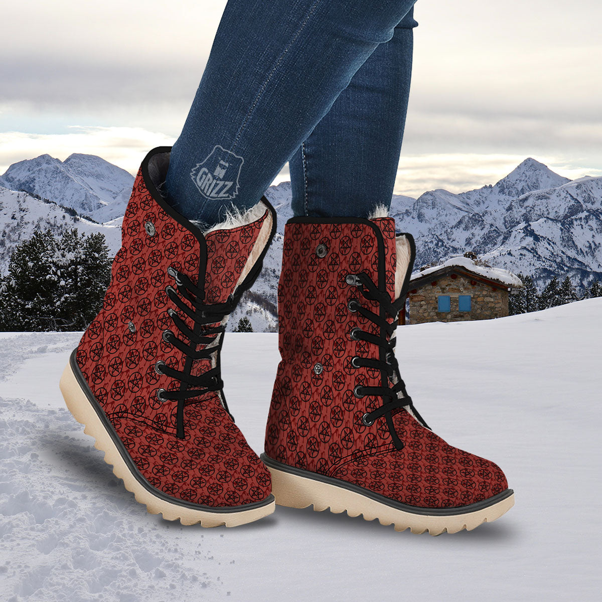 Pentagram Bloody Satanic Print Pattern Snow Boots-grizzshop