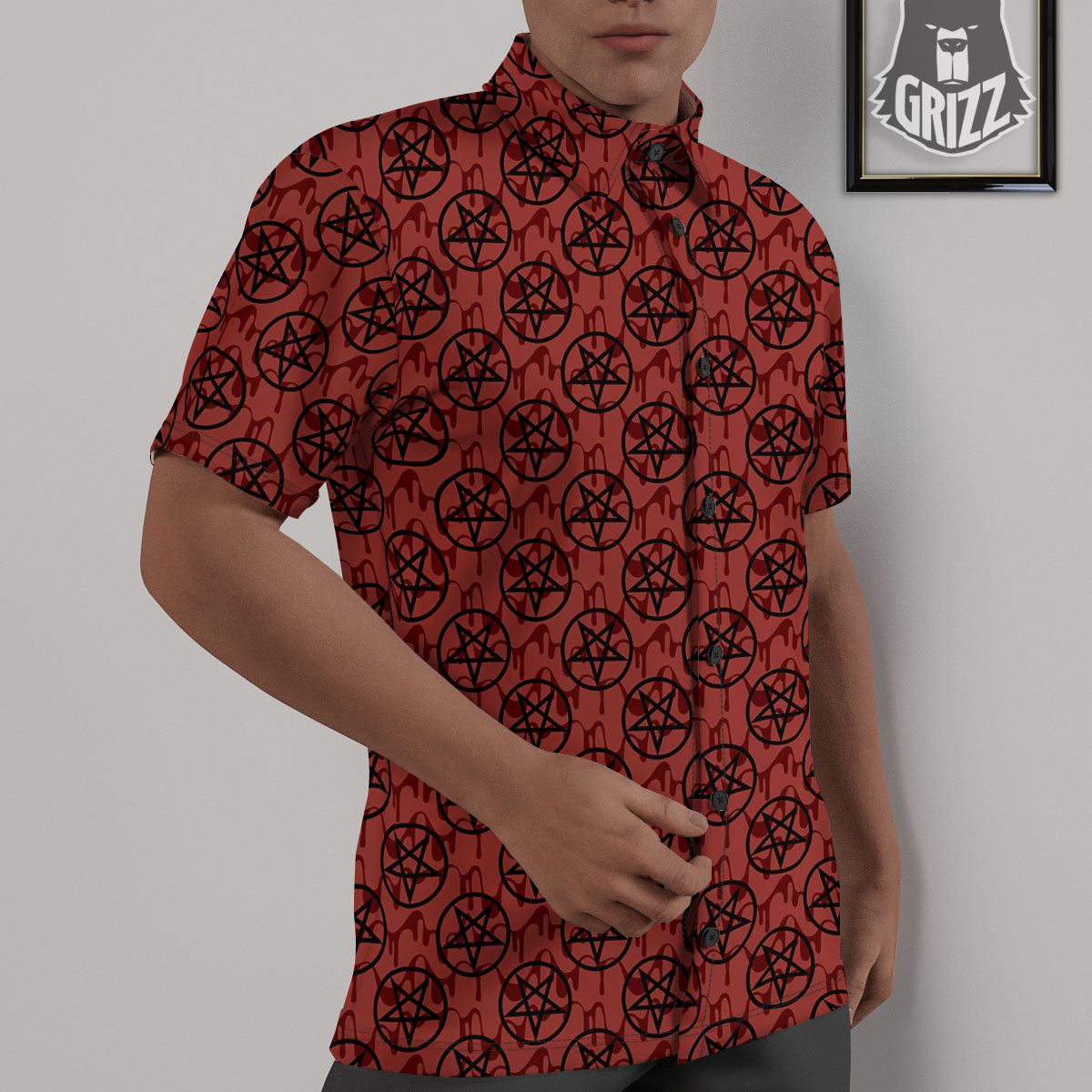 Pentagram Bloody Satanic Print Pattern Untucked Shirts-grizzshop