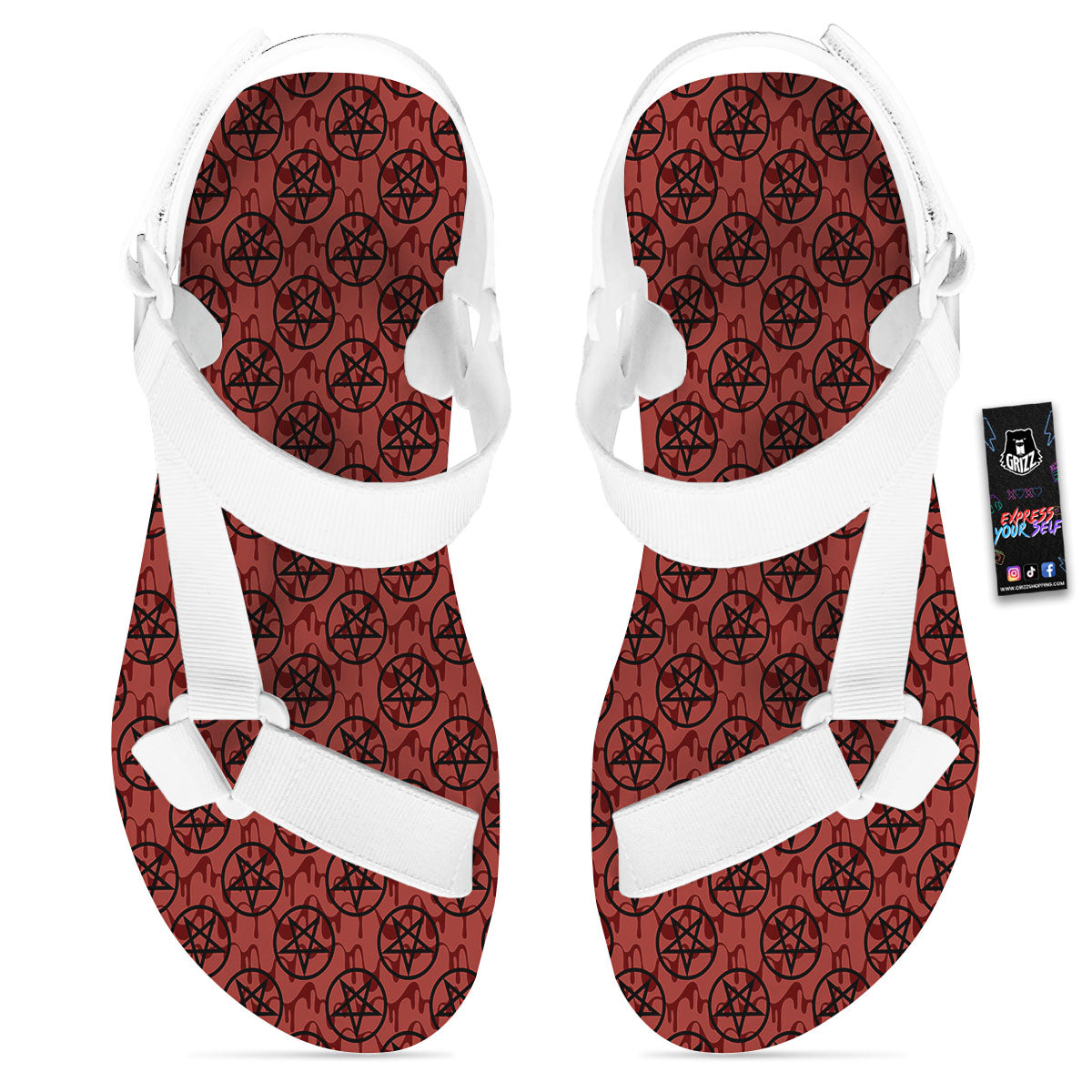 Pentagram Bloody Satanic Print Pattern White Open Toe Sandals-grizzshop