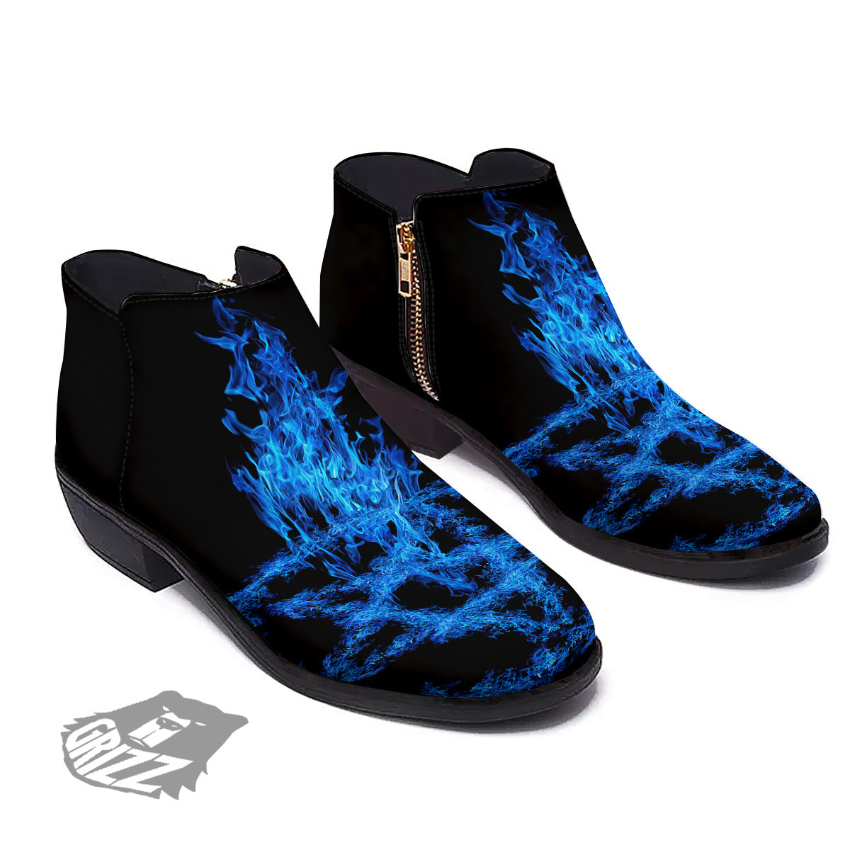 Pentagram Blue Flame Print Ankle Boots-grizzshop