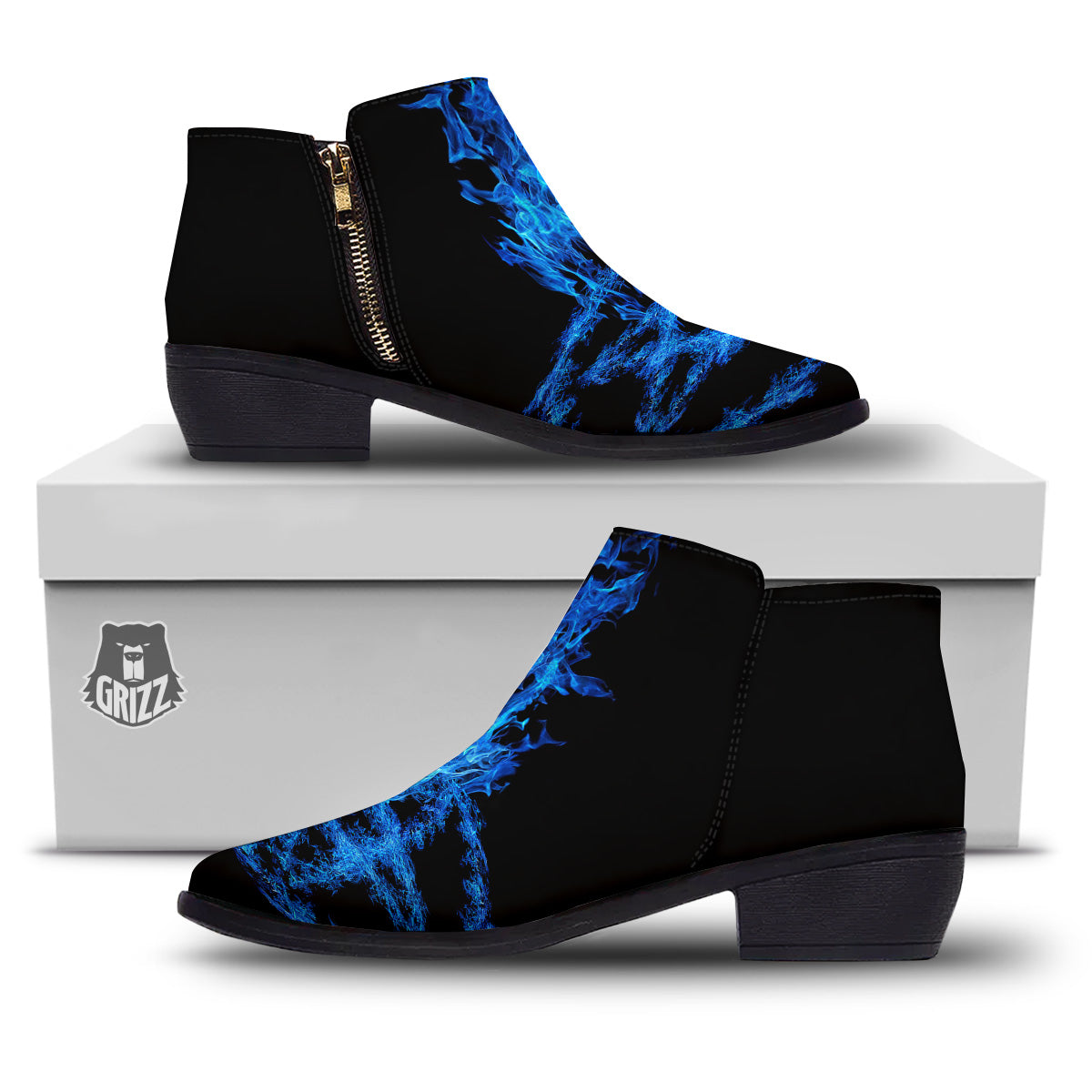 Pentagram Blue Flame Print Ankle Boots-grizzshop