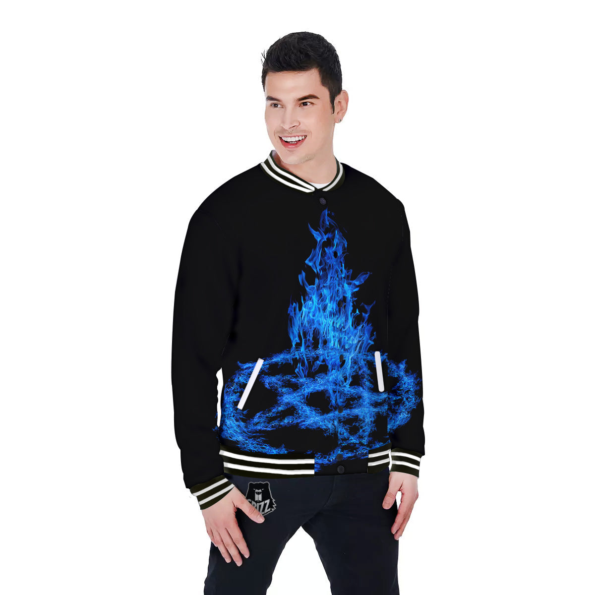Pentagram Blue Flame Print Baseball Jacket-grizzshop
