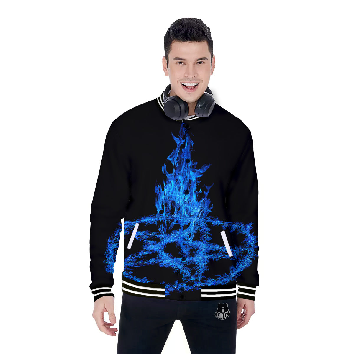 Pentagram Blue Flame Print Baseball Jacket-grizzshop